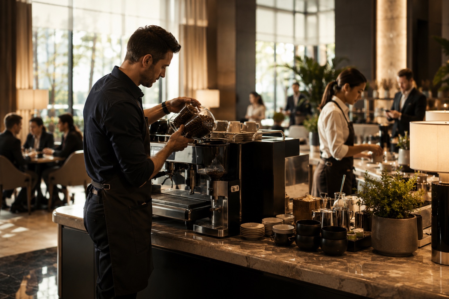 A barista pouring coffee beans into a grinder at a hospitality counter