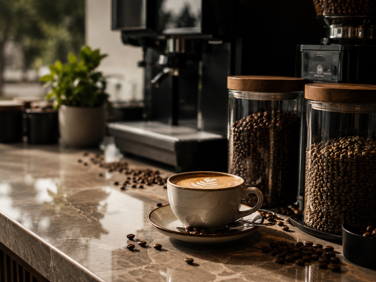 A freshly poured coffee with beans and glass jars in warm light
