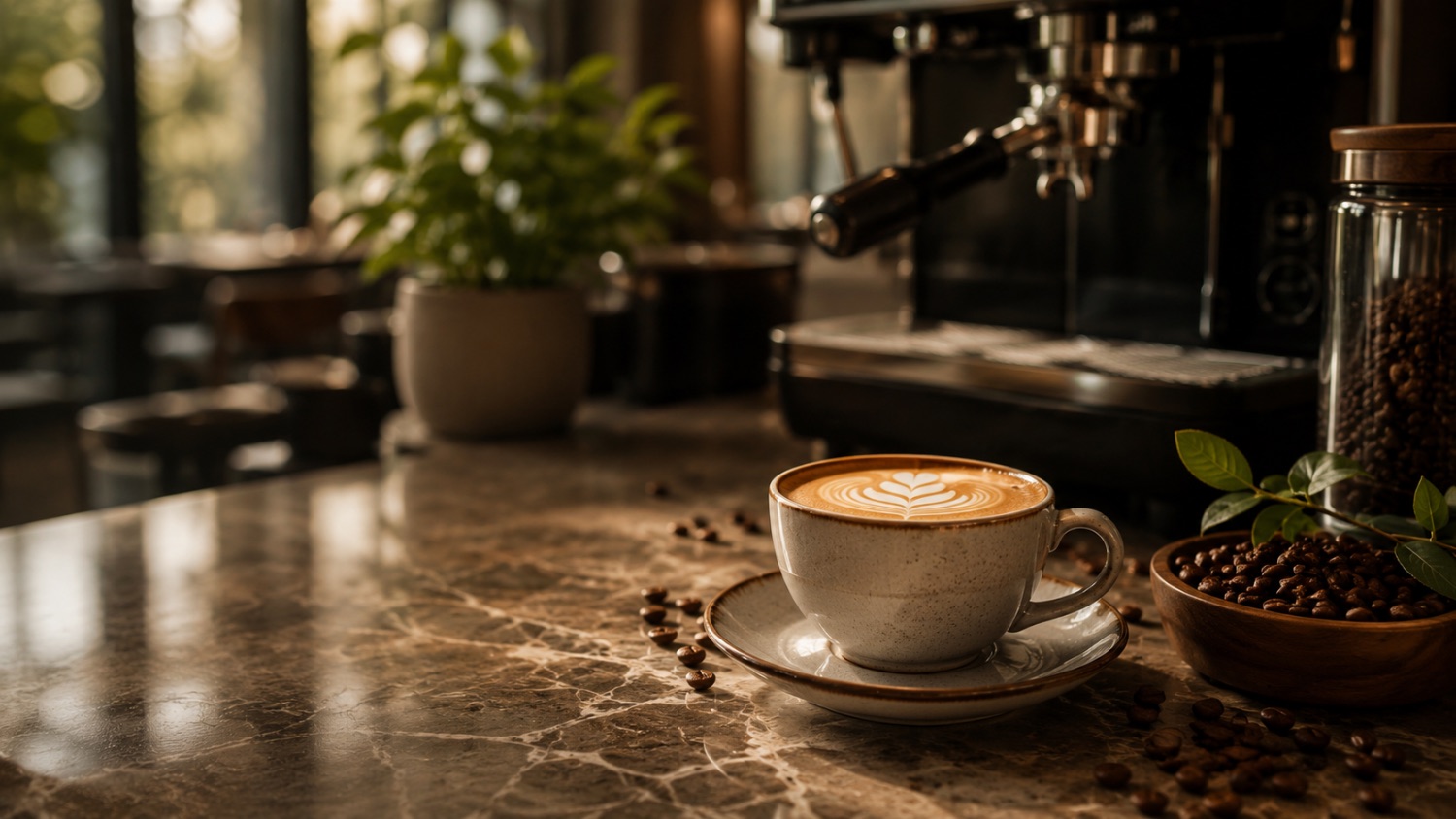 Freshly poured coffee on a marble counter beside an espresso machine