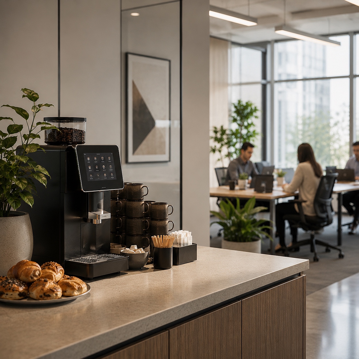 Modern office coffee station with people working nearby