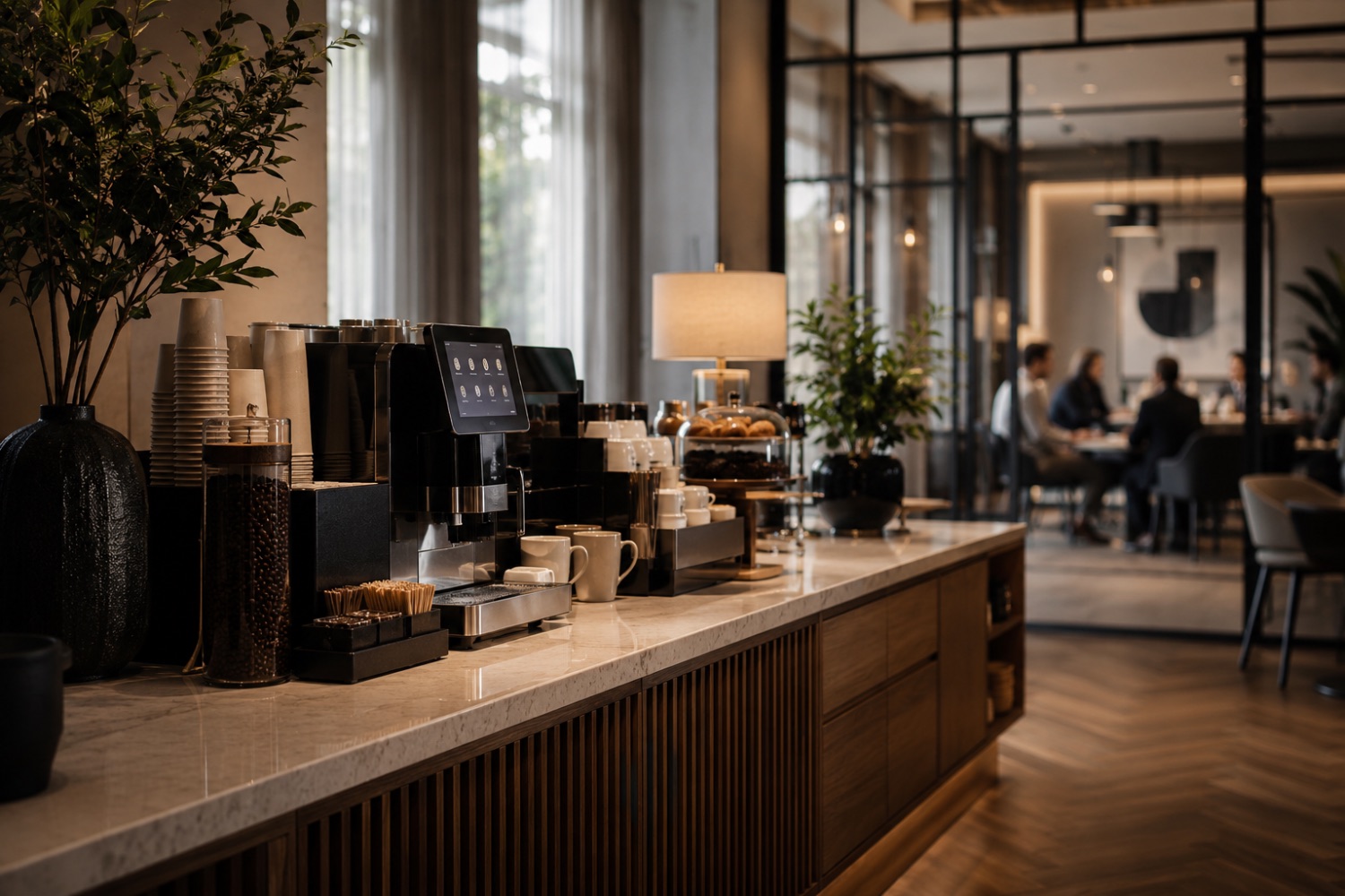 A premium hotel coffee counter with a meeting in the background