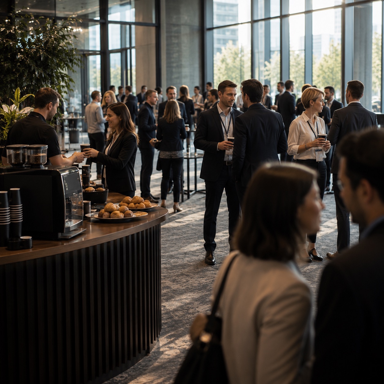 Business guests networking with coffee at a corporate event